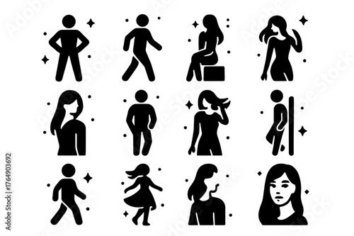 Model Pose Icons. Model Poses. Solid icons set of Model Poses: power pose, walking stride, seated pose, over-shoulder look, hand in pocket, hair flip, profile