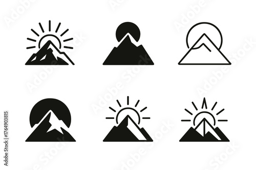 Sunrise Mountain Logos. Stream of motivation. Set Logo of Stream of motivation: a rising sun behind a mountain summit. harmonious logo variations of the same
