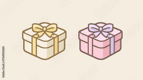 두 개의 귀여운 선물 상자가 리본으로 장식되어 배경에 놓여 있습니다