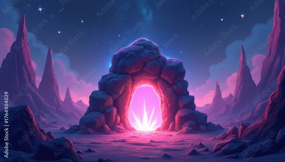 Obraz premium Cartoon magic portal with glowing pink energy burst in rock archway. Fantasy landscape features sharp purple mountains, blue starry sky. Alien planet gateway radiates bright light. Mystical