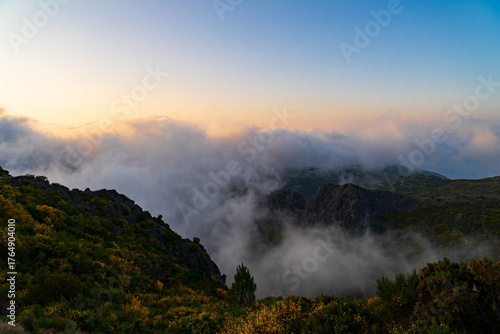 Wallpaper Mural „Wanderer im Morgennebel beim Sonnenaufgang – stimmungsvolle Berglandschaft Torontodigital.ca