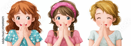 세 명의 소녀가 손으로 입을 가리고 놀라움과 기쁨을 표현하는 귀여운 일러스트