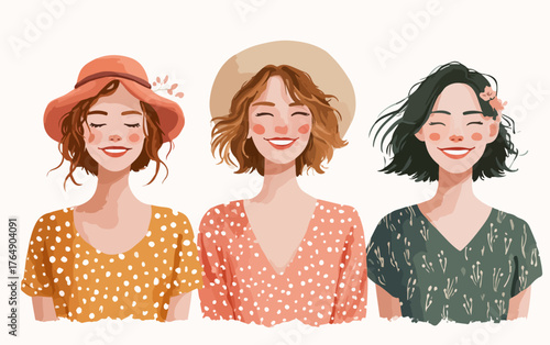 세 명의 여성들이 여름날 햇살 아래 행복한 미소를 짓고 있는 모습