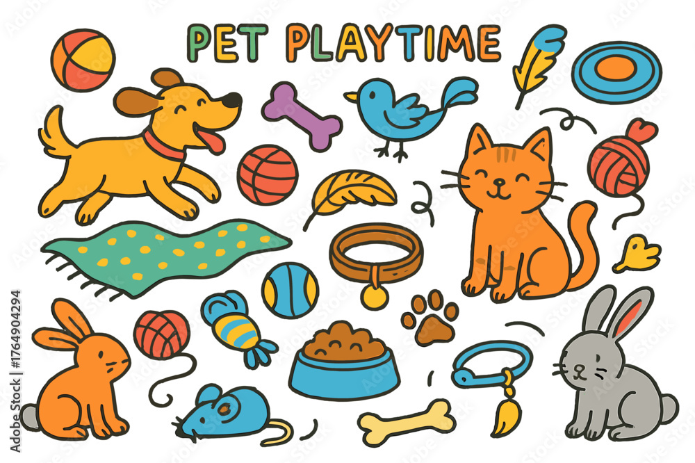 Obraz premium Pet Playtime Fun. pet playtime. Colorful Hand-drawn doodle Children illustration pet playtime dog, cat, ball, chew toy, yarn, mouse toy, frisbee, bone, feather