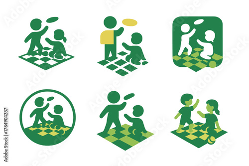 June Park Playtime. Children playing in the park in June. Set Logo of Children playing in the park in June: picnic blanket with frisbee and ball. harmonious