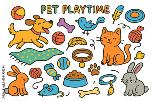 Pet Playtime Fun. pet playtime. Colorful Hand-drawn doodle Children illustration pet playtime dog, cat, ball, chew toy, yarn, mouse toy, frisbee, bone, feather