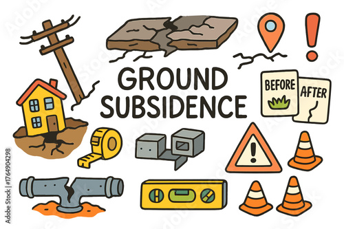 Ground Subsidence Doodle. Ground subsidence. Colorful Hand-drawn doodle Children illustration Ground subsidence tilted house, cracked road, leaning utility