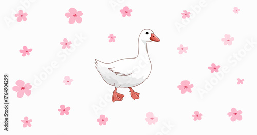 분홍색 꽃과 함께 귀여운 흰색 거위가 봄날의 평화로운 풍경을 연출합니다.