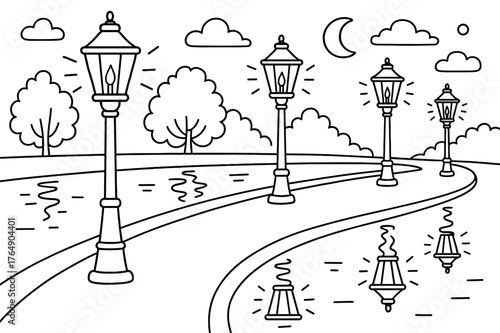 Evening River Coloring. Evening lights on the embankment children?s coloring book illustration, outlined drawing, glowing streetlamps along a calm river path