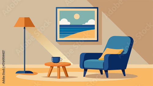 A cozy reading nook with a navy blue armchair and ottoman a floor lamp in a sandy wood finish and a beachy art print on the wall.