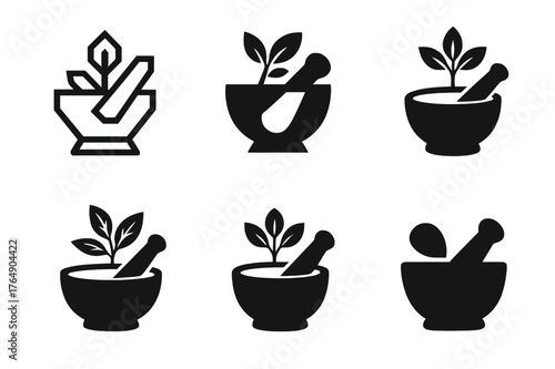 Herbal Foraging Logos. Herbal foraging. Set Logo of Herbal foraging: mortar and pestle with sprig. harmonious logo variations of the same emblematic concept,