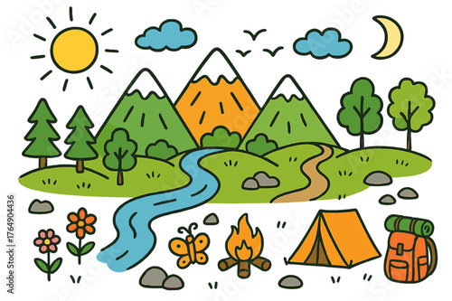 Colorful Doodle Landscape. distant peaks. Colorful Hand-drawn doodle Children illustration distant peaks mountains, hills, trees, river, sun, clouds, birds,