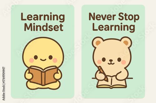 Kawaii Learning Banners. Learning mindset. Two vertical A6 banners with safe margins, centered composition, no elements touching edges, kawaii, pastel mint and