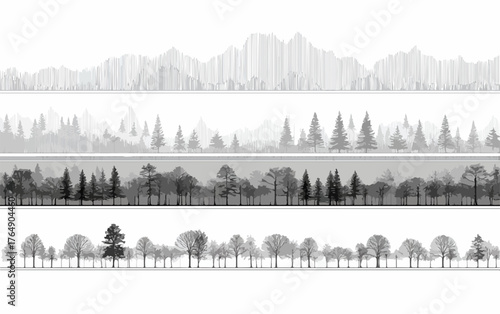 섬세한 선과 회색조 음영으로 표현된 다양한 형태의 나무와 산봉우리 실루엣이 어우러진 추상적인 자연 경관 벡터 일러스트레이션
