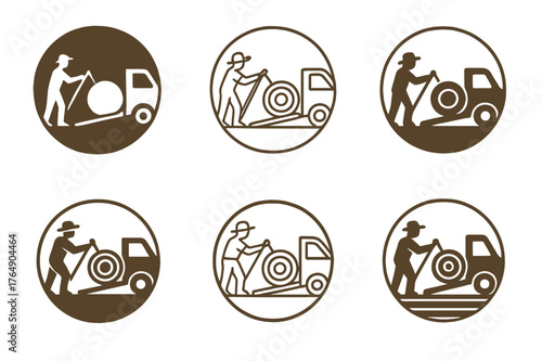 Hay Loading Logos. A farmer loading hay onto a truck to deliver to market. Set Logo of A farmer loading hay onto a truck to deliver to market: round bale being