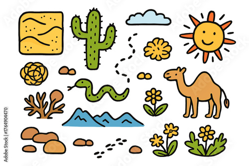 Vibrant Desert Doodles. Desert landscape. Colorful Hand-drawn doodle Children illustration Desert landscape sand dunes, tall saguaro, sun, tumbleweed, rocks,