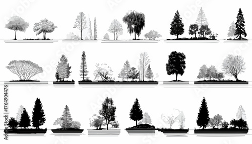 다양한 계절과 생명력을 상징하는 다채로운 나무와 관목 실루엣이 흑백의 간결한 미학으로 정교하게 표현되어 건축 조경 설계 도시 계획 환경 시뮬레이션 및 창의적인 그래픽 디자인 프로젝트를 위한 필수적인 벡터 요소 컬렉션을 제공합니다.