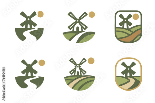 Rural Travel Logos. Rural travel and agritourism. Set Logo of Rural travel and agritourism: a windmill beside a curving dirt path under the sun. harmonious
