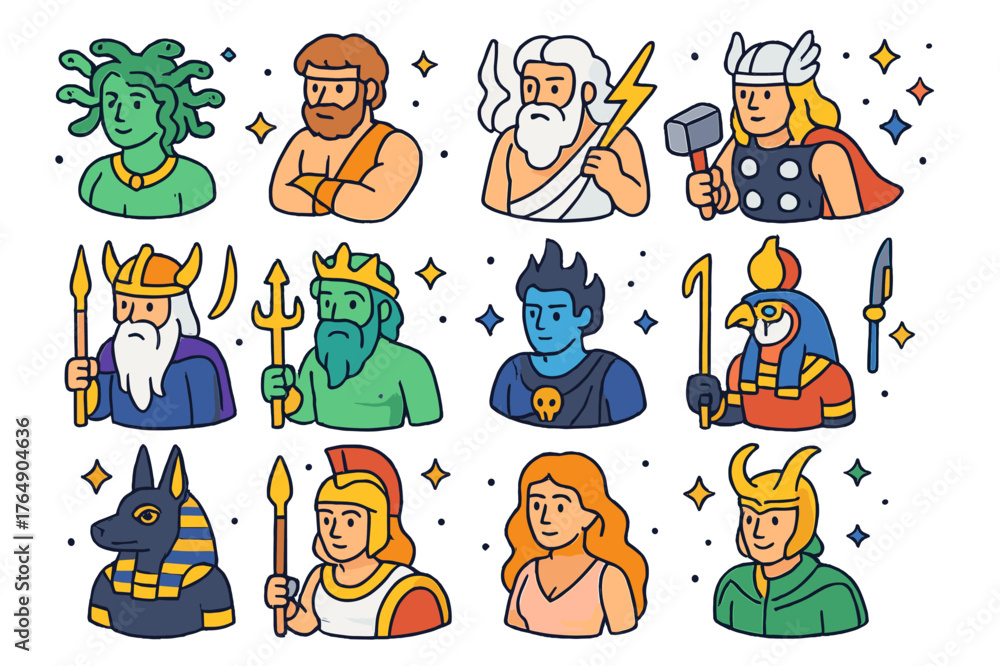 Obraz premium Mythical Beings Icons. Mythical beings. Colorful isometric vector icons set of mythical beings: Medusa, Hercules, Zeus, Thor, Odin, Poseidon, Hades, Ra,