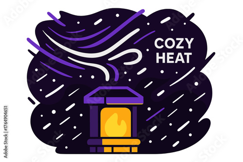 Snowstorm Cozy Glow. Snowstorm Night Chimney. Gusts curve across the sky, white streaks against a dark background; a single chimney glows like a lantern. ?Cozy