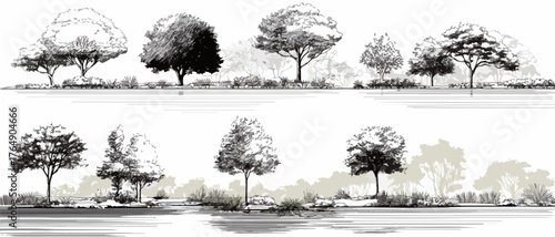 다양한 형태의 나무와 식물들을 흑백 스케치 스타일로 섬세하게 표현한 벡터 일러스트레이션 세트로, 조경 및 그래픽 디자인 프로젝트에 활용하기 좋습니다.