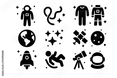 Spacewalk Icon Set. Spacewalk Adventure. Solid icons set of Spacewalk Adventure: astronaut, tether, space suit, helmet, Earth, stars, satellite, spacecraft,