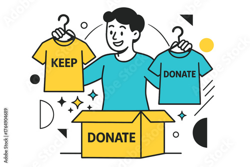 Closet Organization Sparkle. Closet Declutter Moment. A smiling person holds two shirts?one marked ?Keep,? one ?Donate.? Light geometric sparkles float around