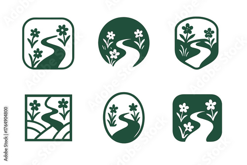Blooming Stream Logos. Stream with blooming flowers. Set Logo of Stream with blooming flowers: Wildflower-lined stream winding through a meadow. harmonious