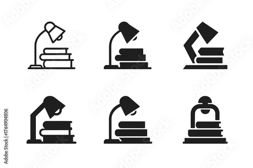 Books & Reading Logos. Books and Reading. Set Logo of Books and Reading: a pile of books stacked on a desk next to a reading lamp. harmonious logo variations