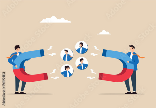 Flat illustration businessman fight against magnet to win talented candidate in recruitment war