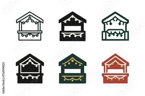 Festive Logo Variations. Christmas market and festive decorations. Set Logo of Christmas market and festive decorations: a wooden chalet stall draped with