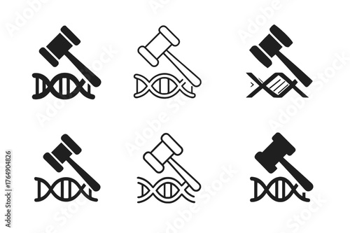 Cloning Responsibility Logos. The ethics of cloning and creating synthetic organisms. Set Logo of responsibility: gavel over DNA strand. Icon set. harmonious