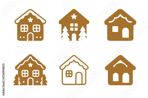 Festive Market Logos. Christmas market and festive decorations. Set Logo of Christmas market and festive decorations: a gingerbread cookie house with icing