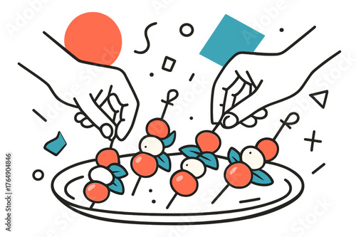 Vibrant Caprese Delight. Caprese Skewers. Hands arranging caprese skewers on a serving tray with floating abstract geometric shapes, fresh and vibrant moment.