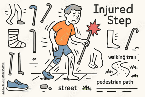Injured Stride Doodle. Injured step. Hand-drawn doodle illustration person walking (colored), uneven stride (colored), crutch (colored), cane (colored),
