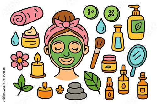 Colorful Beauty Treatment. beauty treatment. Colorful Hand-drawn doodle Children illustration beauty treatment face mask, cucumber slices, headband, towel,