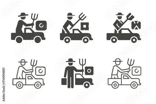 Farmer Logo Variations. A farmer loading hay onto a truck to deliver to market. Set Logo of A farmer loading hay onto a truck to deliver to market: pitchfork