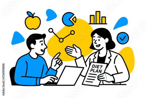 Dynamic Nutritional Consultation. Nutritional Counseling. Client and nutritionist reviewing diet plans with floating abstract geometric icons and charts,