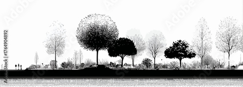 수면에 반영된 다양한 나무와 수풀의 고요한 흑백 벡터 실루엣 풍경은 평화로운 자연의 아름다움을 미니멀하게 표현한 예술적 배경으로, 디자인 프로젝트에 이상적인 그래픽 리소스입니다.