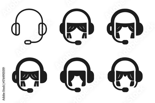 Theater Sound Logos. Theater sound design. Set Logo of Theater sound design: Headset with boom mic. harmonious logo variations of the same emblematic concept,