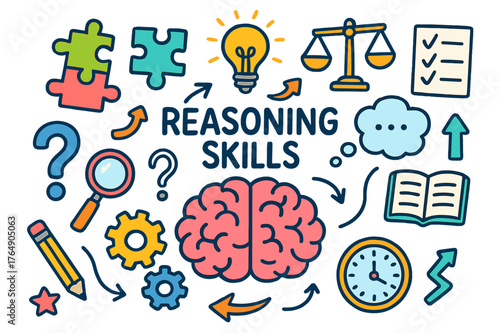 Reasoning Skills Doodle. reasoning skills. Colorful Hand-drawn doodle Children illustration reasoning skills brain, puzzle pieces, lightbulb, question mark,