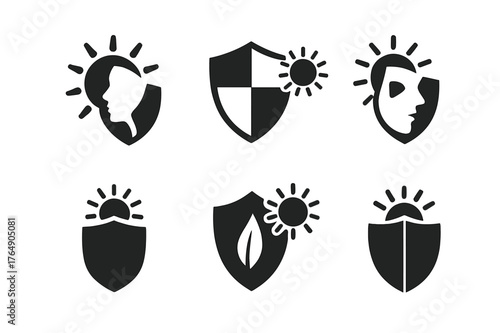 Skin Protection Logos. How the Sun Affects Our Skin. Set Logo of Skin Protection: Filled silhouette, Abstract geometric, Negative space, Flat solid,