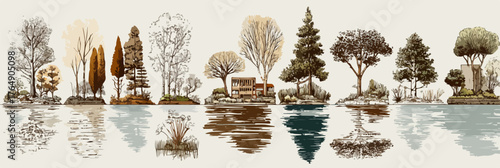 고요한 수면에 비친 다양한 계절의 나무들이 조화롭게 어우러진 아름다운 풍경을 벡터 일러스트로 섬세하게 표현하여, 평화롭고 예술적인 자연 디자인 배경을 제공합니다.