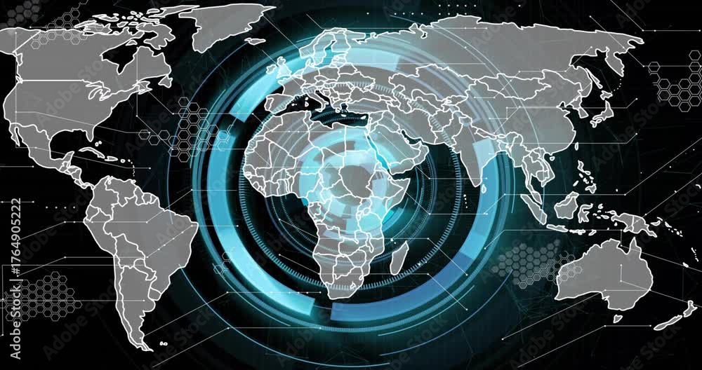 Radar overlay appearing over world map pulsing rings turning arcs ...