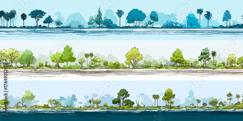 다채로운 색감과 예술적인 스타일로 그려진 자연 풍경 벡터 일러스트레이션 세트로, 평화로운 분위기를 담아 여러 디자인 프로젝트의 배경이나 장식 요소로 활용하기에 이상적입니다.