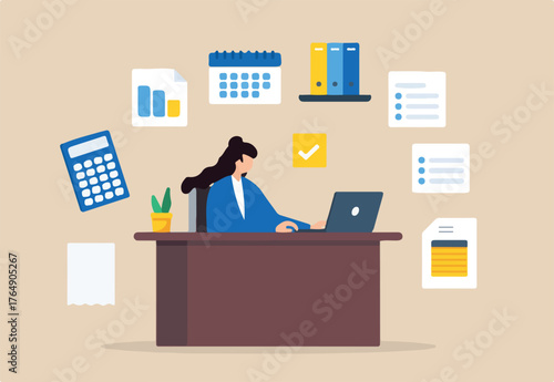 Flat illustration of businesswoman accountant manages invoices in office illustrating finance and accounting tasks