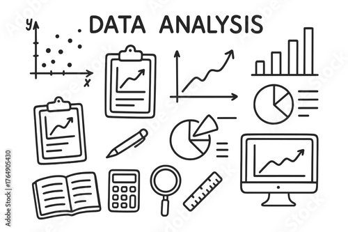 Data Analysis Doodles. Data Analysis. Hand-drawn doodle illustration Data Analysis line graph, bar chart, pie chart, scatter plot, axes, clipboard, pen,