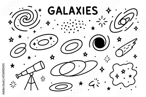 Cosmic Doodles. Galaxies. Hand-drawn doodle illustration galaxies spiral galaxy, elliptical galaxy, barred galaxy, stars, orbits, telescope, cosmic swirl,
