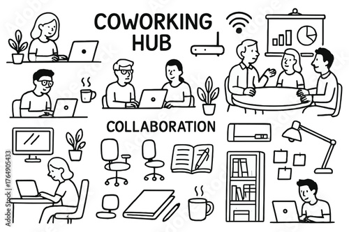 Coworking Hub Sketch. Coworking Hub. Hand-drawn doodle illustration Coworking Hub people at desks, laptops, chairs, coffee cups, plants, notebooks, pens,