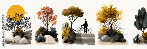 따스한 햇살 아래 다채로운 색상의 나무와 바위가 조화를 이루는 평화로운 자연 풍경 속에서, 한 남자가 자전거를 타고 여유롭게 길을 나서는 모습을 담은 현대적인 감각의 벡터 일러스트레이션입니다.